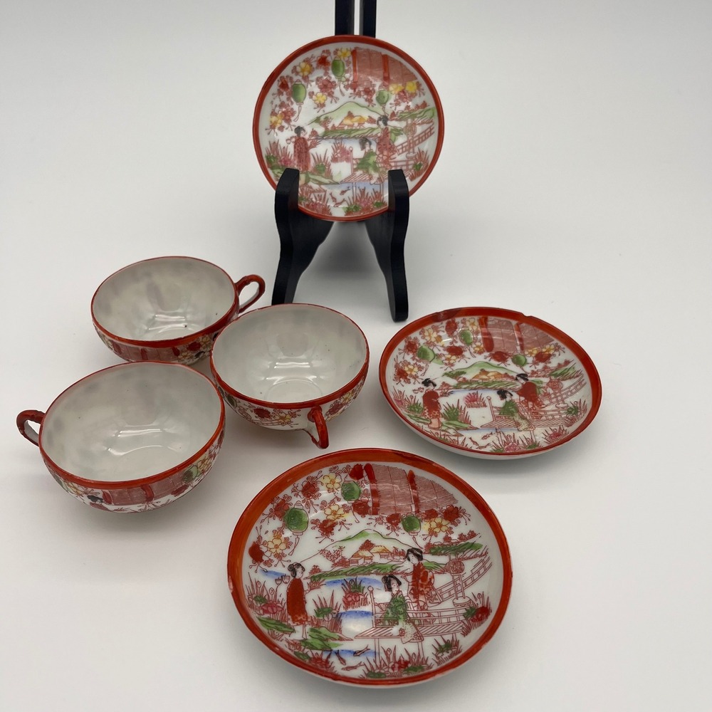 Vintage Japanese Eggshell Porcelain Lithophane Tea Set Geisha Red Gold 6pc